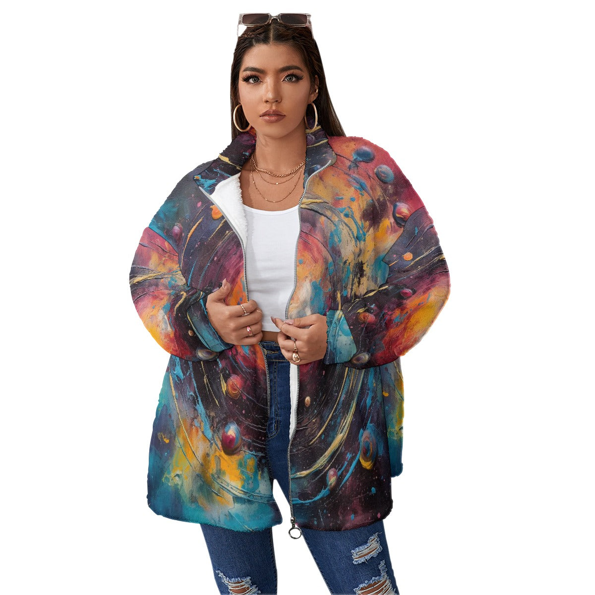 All-Over Print Unisex Borg Fleece Stand-up Collar Coat With Zipper Closure(Plus Size)