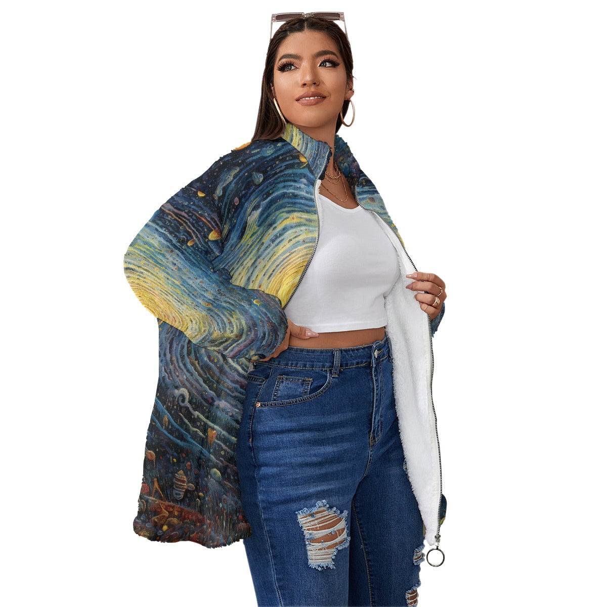 All-Over Print Unisex Borg Fleece Stand-up Collar Coat With Zipper Closure(Plus Size)