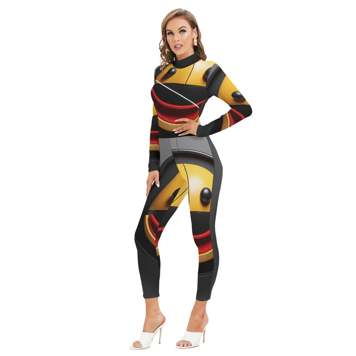 All-Over Print Women's Long-sleeved High-neck Jumpsuit With Zipper
