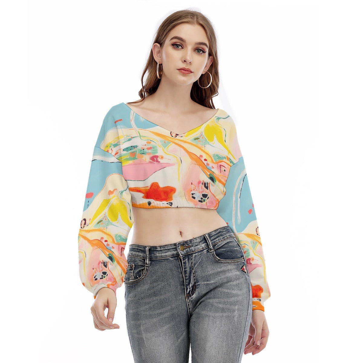 All-Over Print Women's V-neck Long Sleeve Cropped Sweatshirt