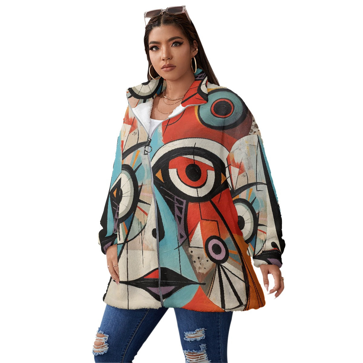 All-Over Print Unisex Borg Fleece Stand-up Collar Coat With Zipper Closure(Plus Size)