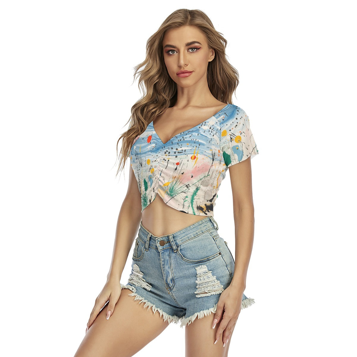 All-Over Print Women's Raglan Drawstring Front  Crop Tee