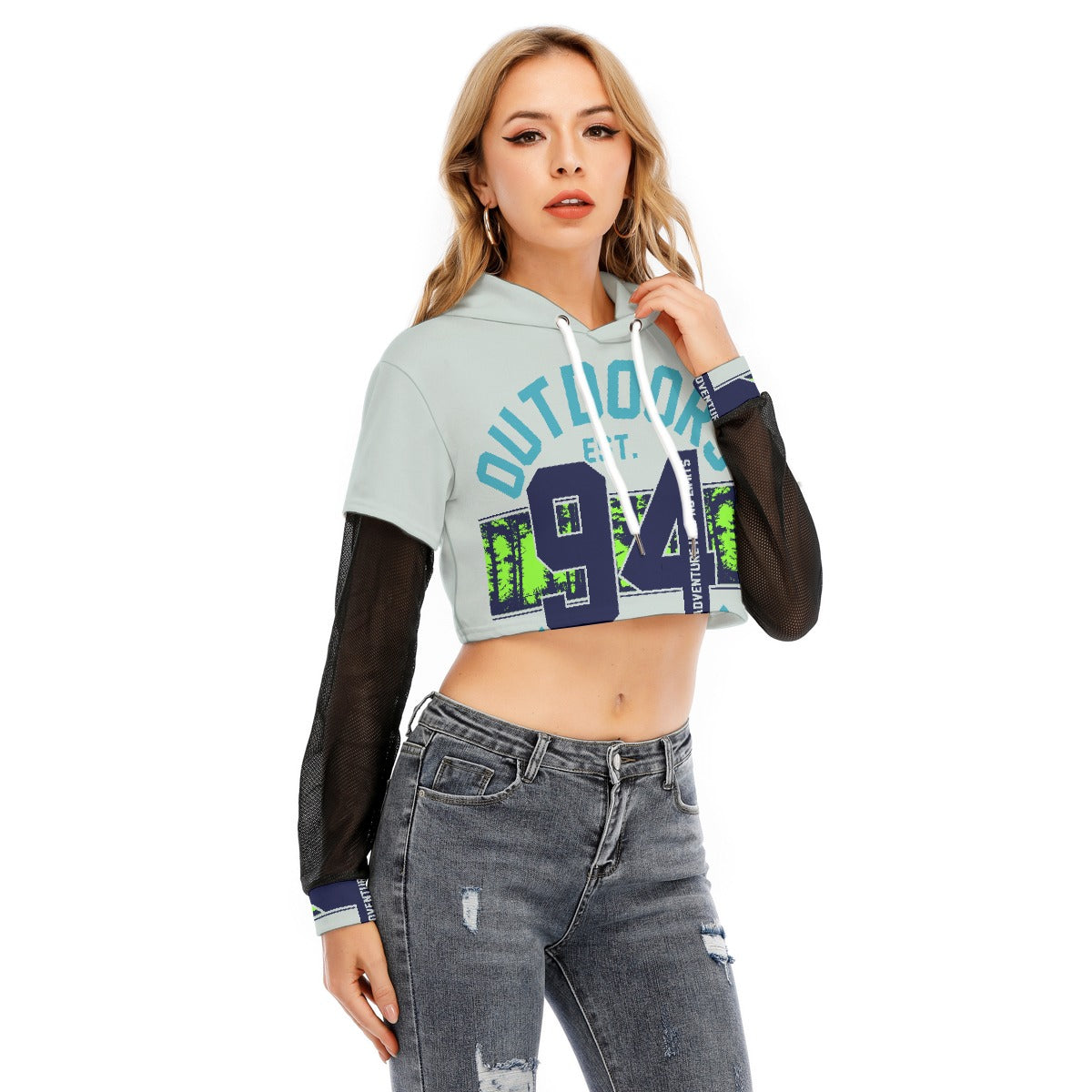 All-Over Print Women's Fake Two-piece Mesh Sleeve Cropped Hoodie