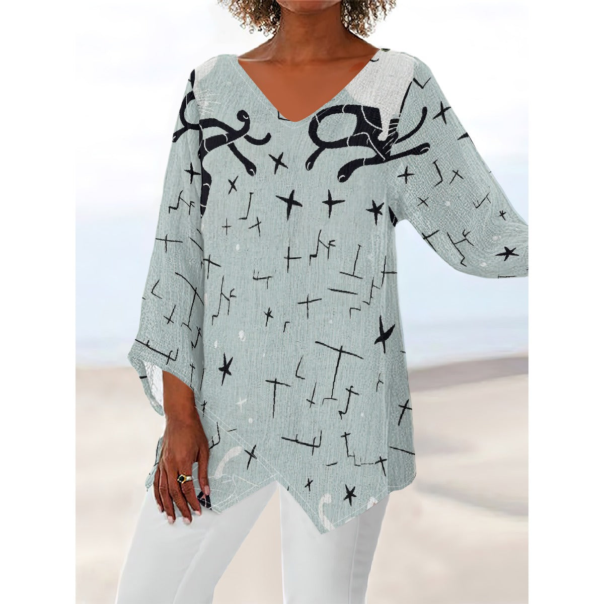 All-Over Print Women's V-neck T-shirt With Irregular Hem