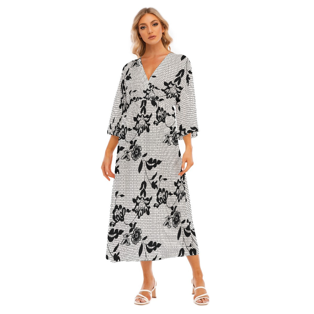 All-Over Print Women's Mid-Sleeve Long Dress