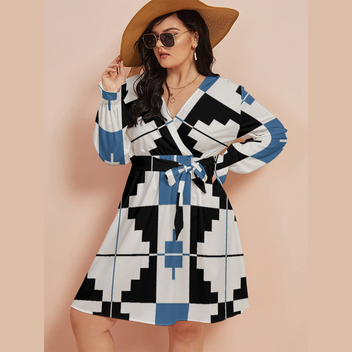 All-Over Print Women's V-neck Dress With Waistband(Plus Size)