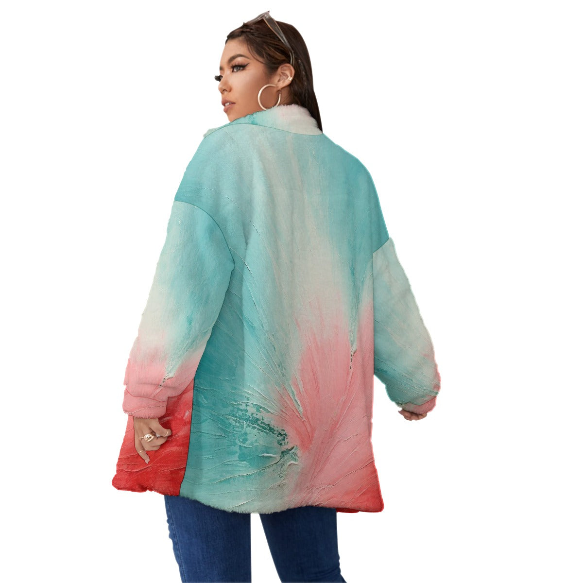 All-Over Print Unisex Borg Fleece Stand-up Collar Coat With Zipper Closure(Plus Size)