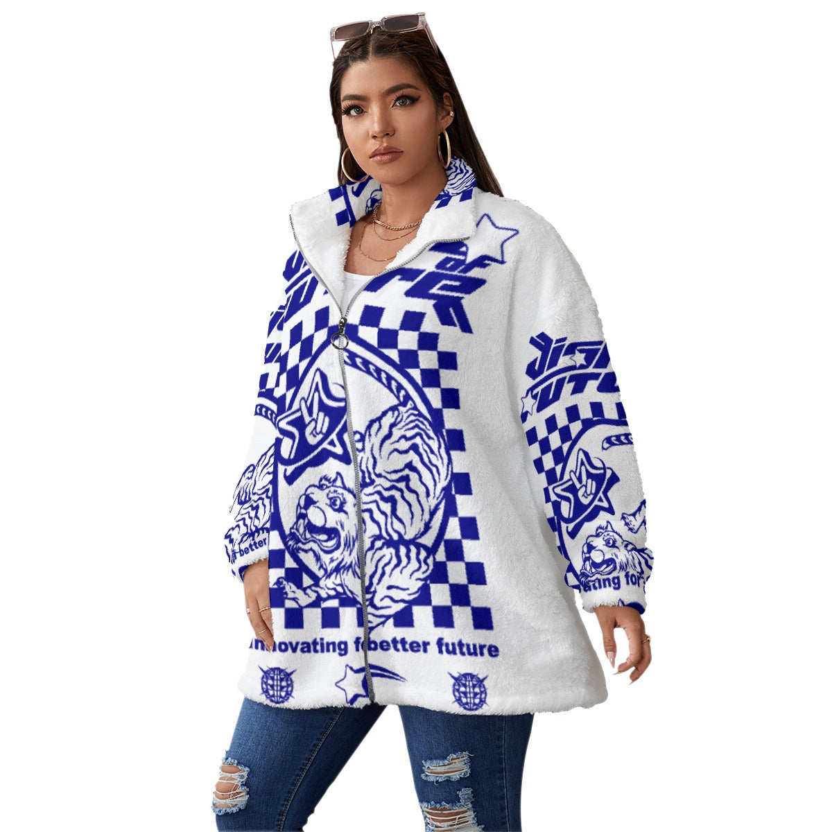 All-Over Print Unisex Borg Fleece Stand-up Collar Coat With Zipper Closure(Plus Size)