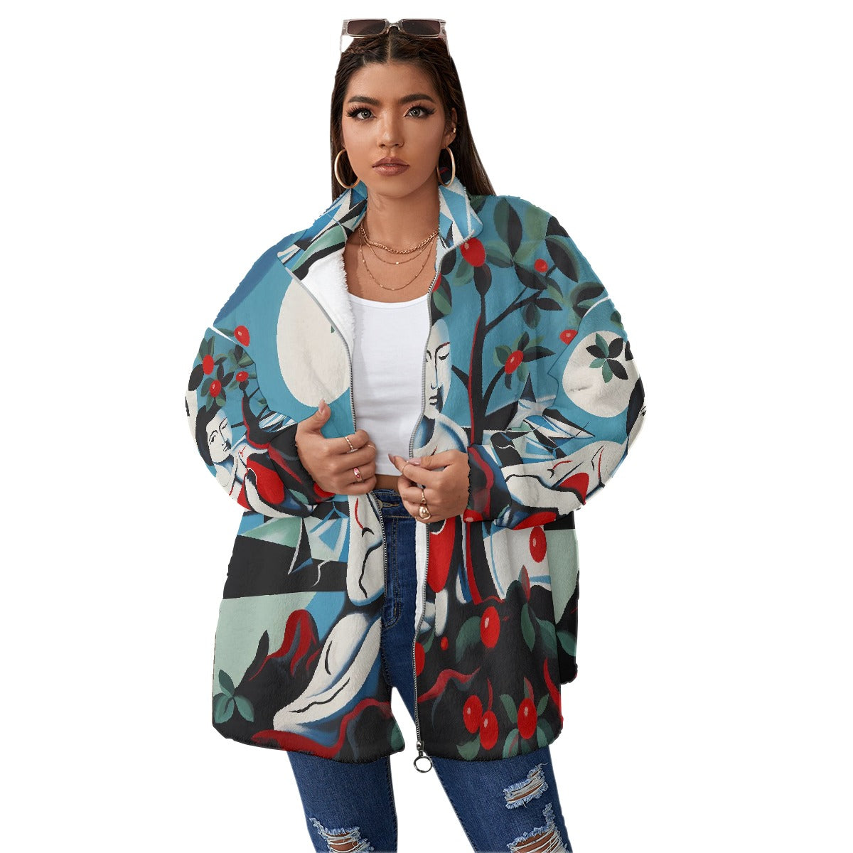 All-Over Print Unisex Borg Fleece Stand-up Collar Coat With Zipper Closure(Plus Size)