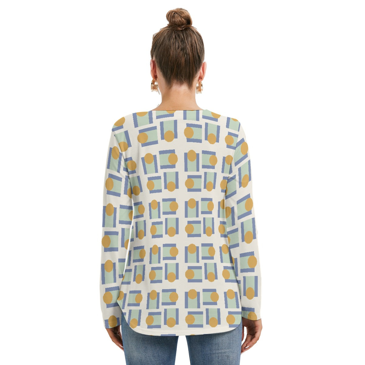 All-Over Print Women's Long Sleeve Neckline Tie Sweatshirt