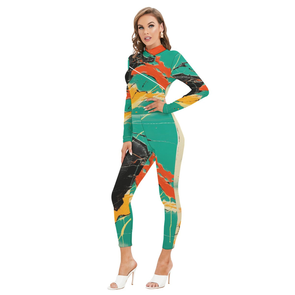 All-Over Print Women's Long-sleeved High-neck Jumpsuit With Zipper