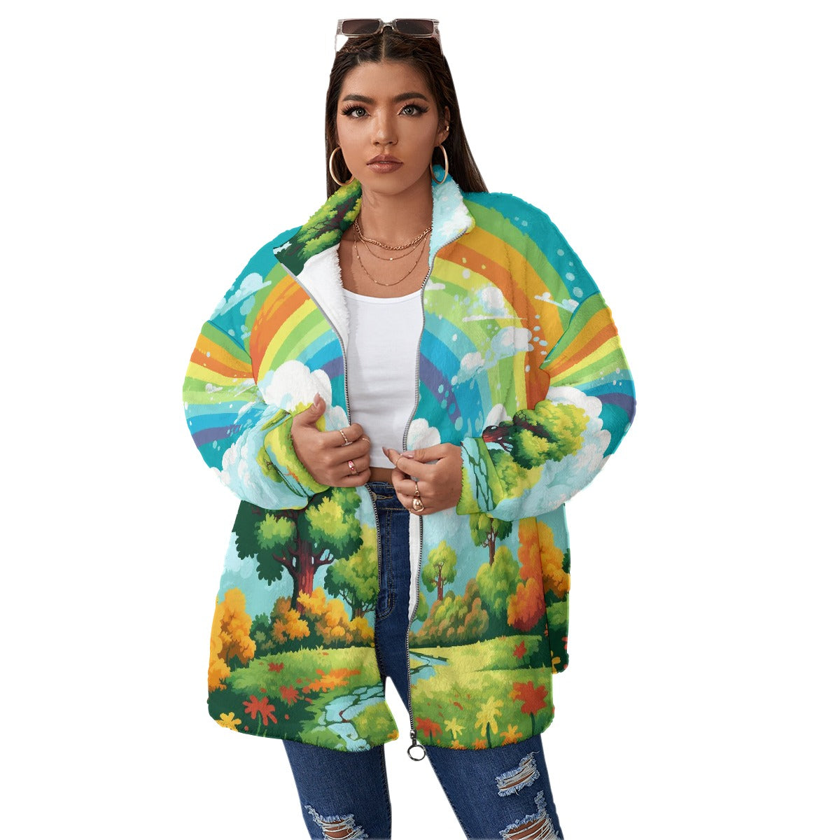 All-Over Print Unisex Borg Fleece Stand-up Collar Coat With Zipper Closure(Plus Size)