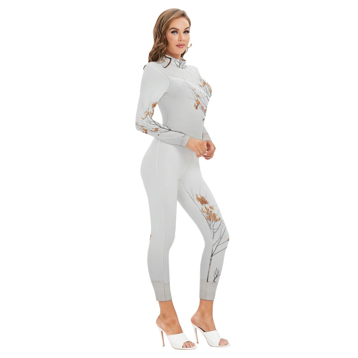 All-Over Print Women's Long-sleeved High-neck Jumpsuit With Zipper