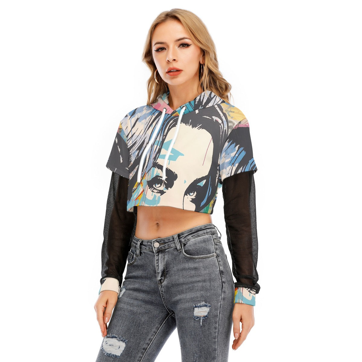 All-Over Print Women's Fake Two-piece Mesh Sleeve Cropped Hoodie