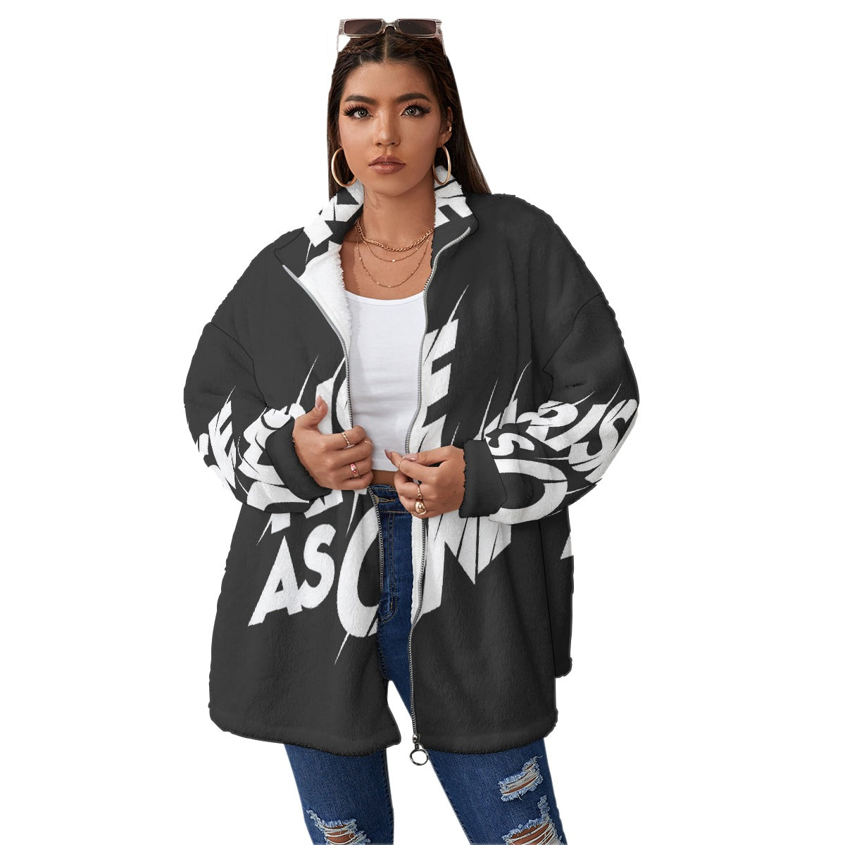 All-Over Print Unisex Borg Fleece Stand-up Collar Coat With Zipper Closure(Plus Size)