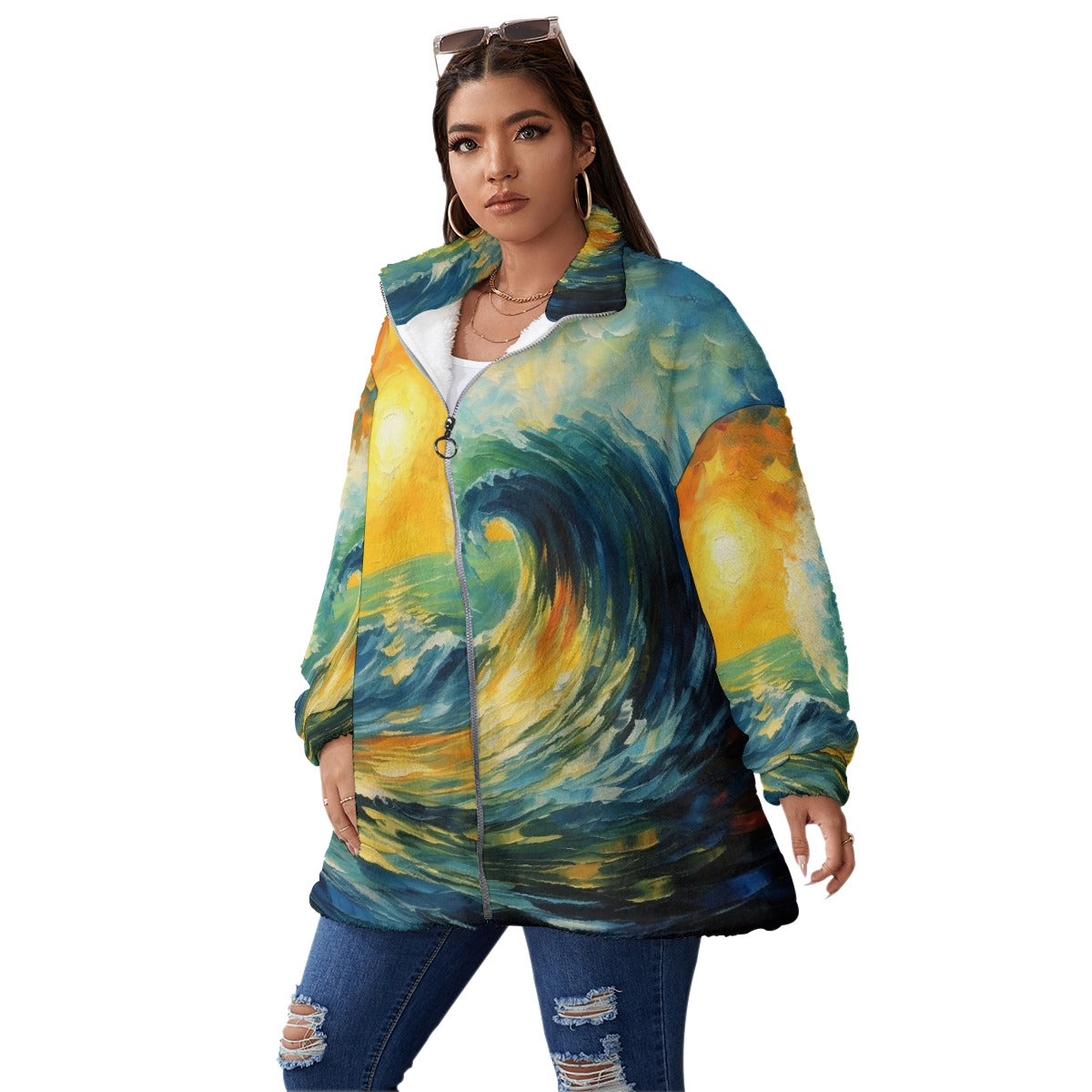 All-Over Print Unisex Borg Fleece Stand-up Collar Coat With Zipper Closure(Plus Size)