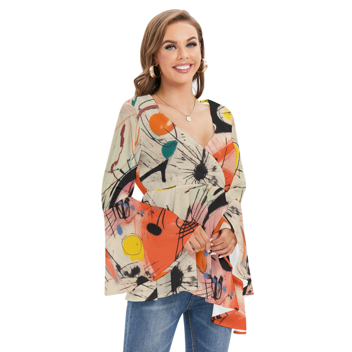 All-Over Print Women's V-neck Blouse With Flared Sleeves