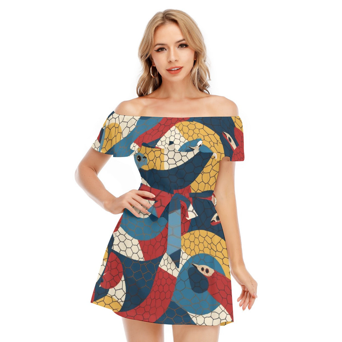 All-Over Print Women's Off-shoulder Dress With Ruffle