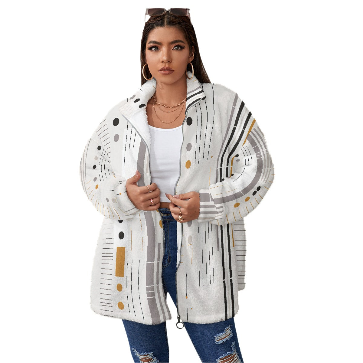 All-Over Print Unisex Borg Fleece Stand-up Collar Coat With Zipper Closure(Plus Size)