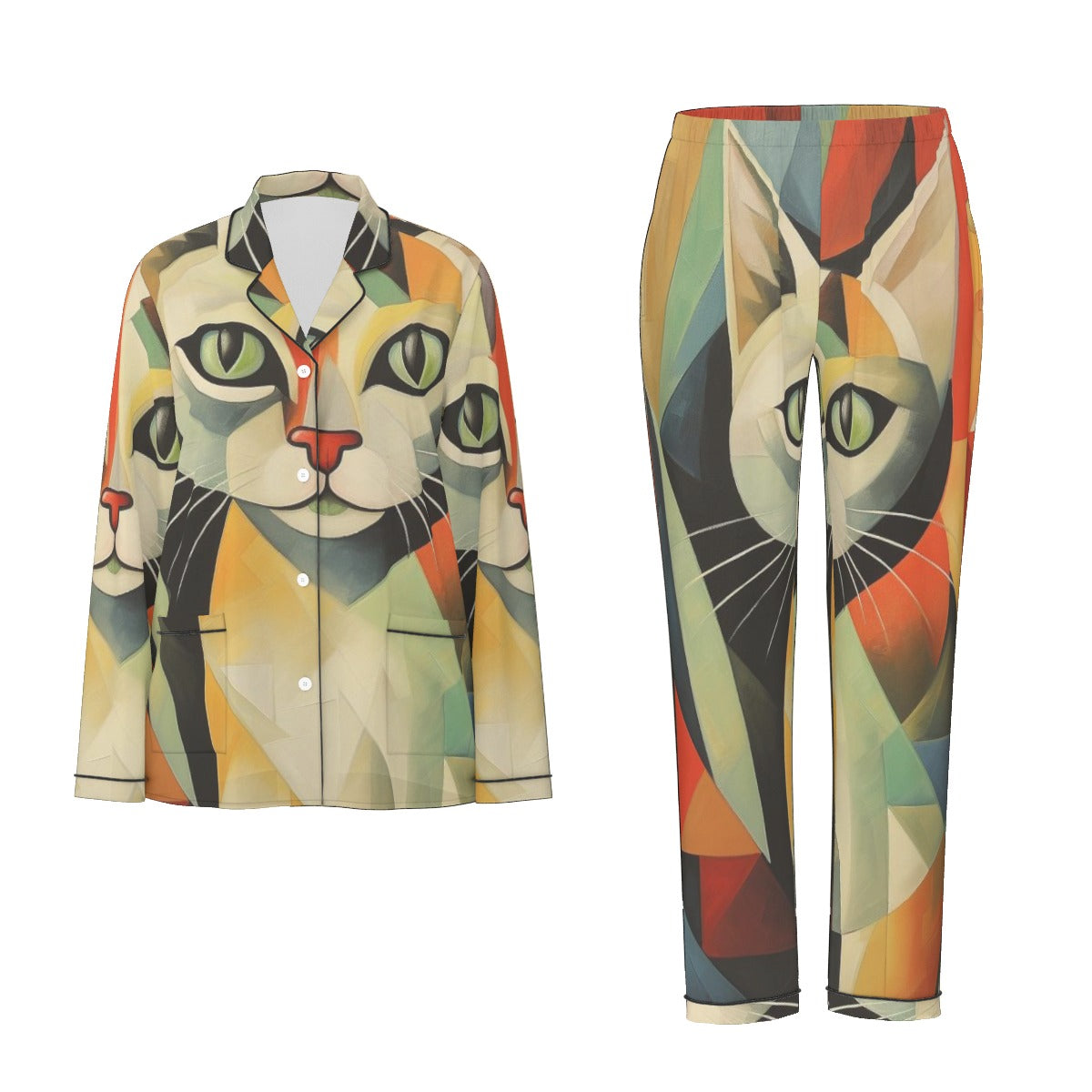 All-Over Print Women's Long Sleeve Pajama Set With Black Contrast Piping