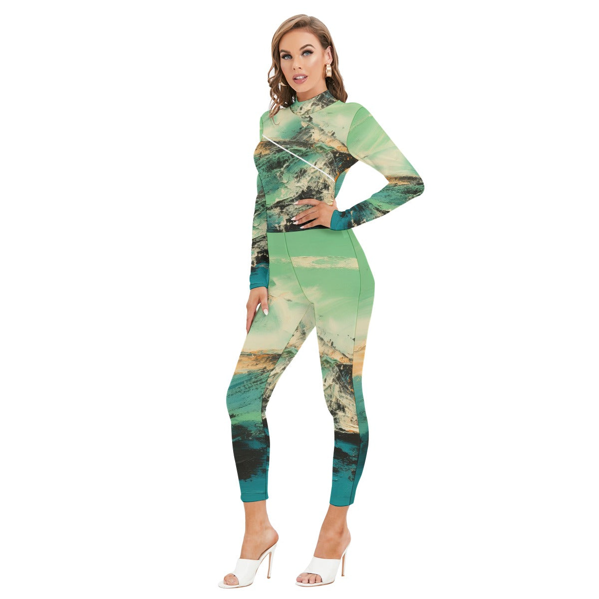 All-Over Print Women's Long-sleeved High-neck Jumpsuit With Zipper
