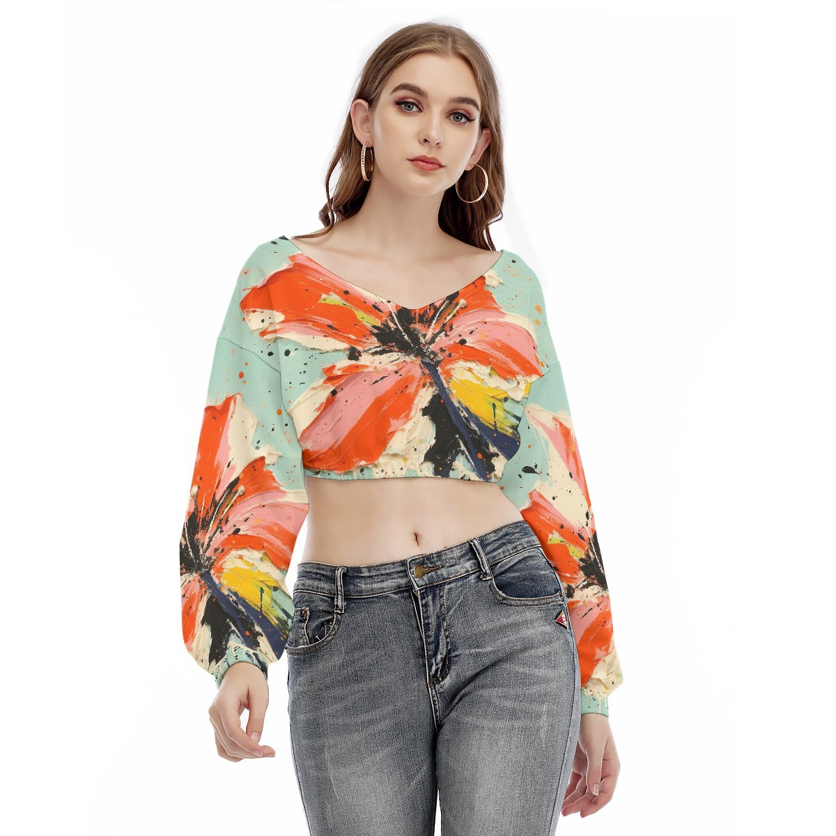 All-Over Print Women's V-neck Long Sleeve Cropped Sweatshirt