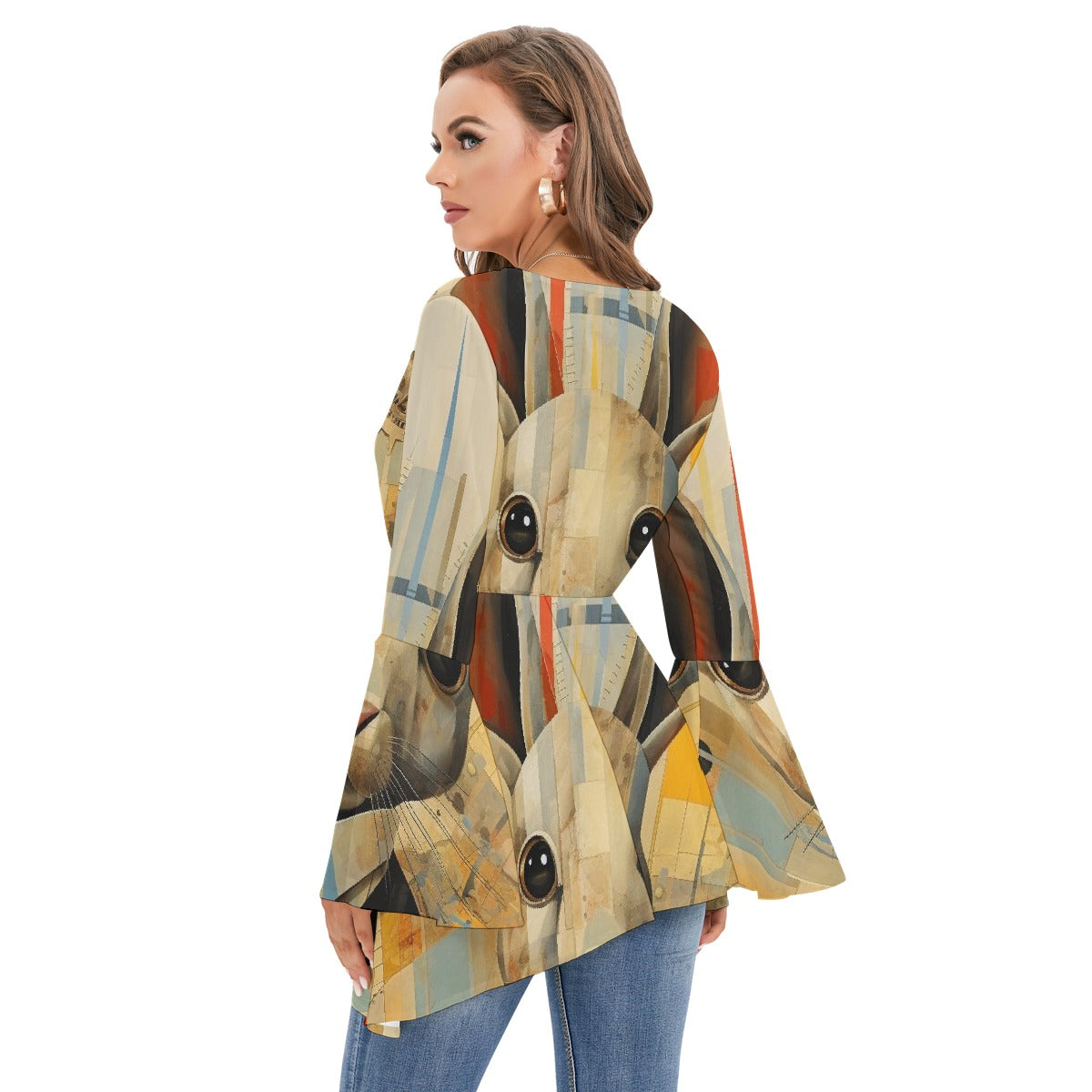 All-Over Print Women's V-neck Blouse With Flared Sleeves