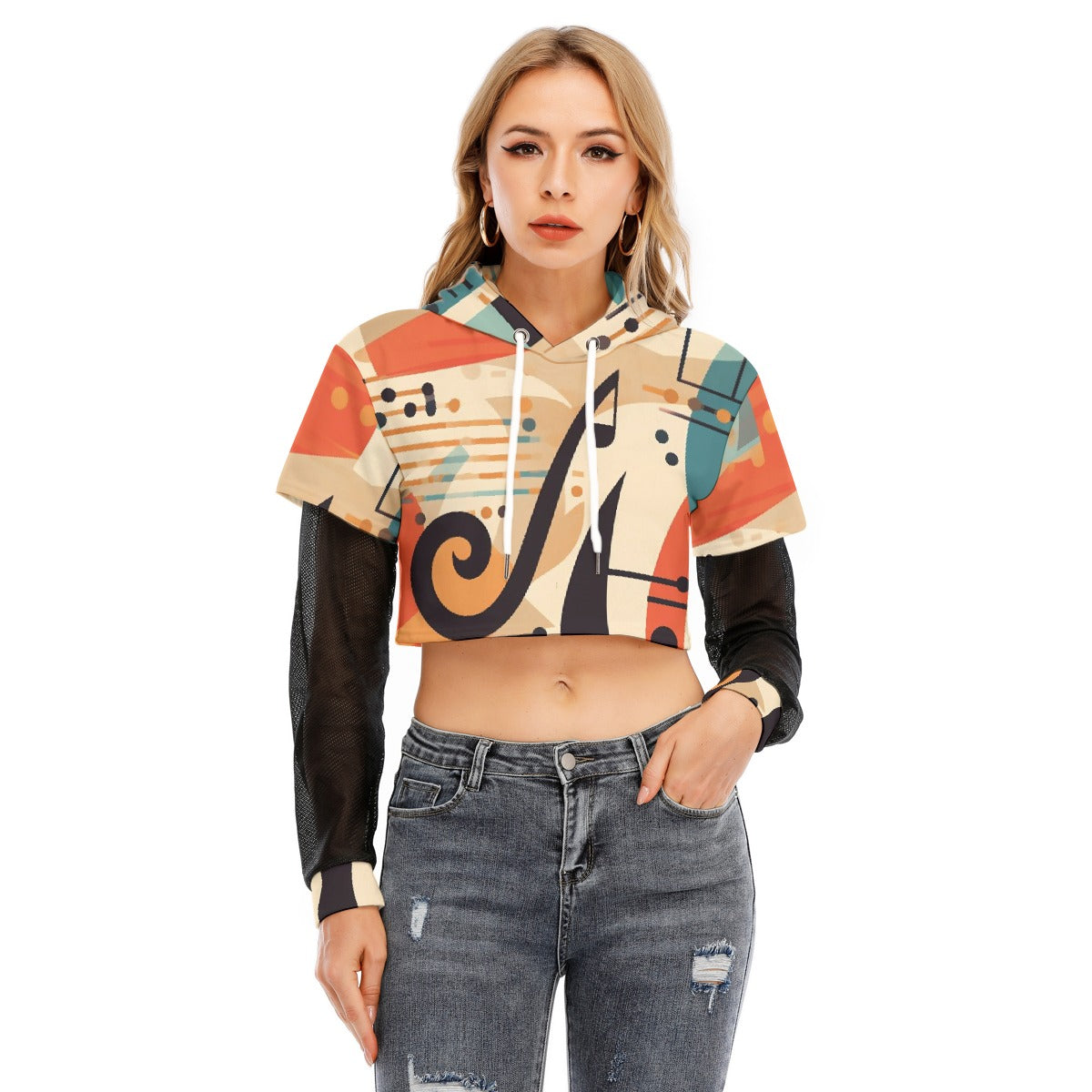 All-Over Print Women's Fake Two-piece Mesh Sleeve Cropped Hoodie