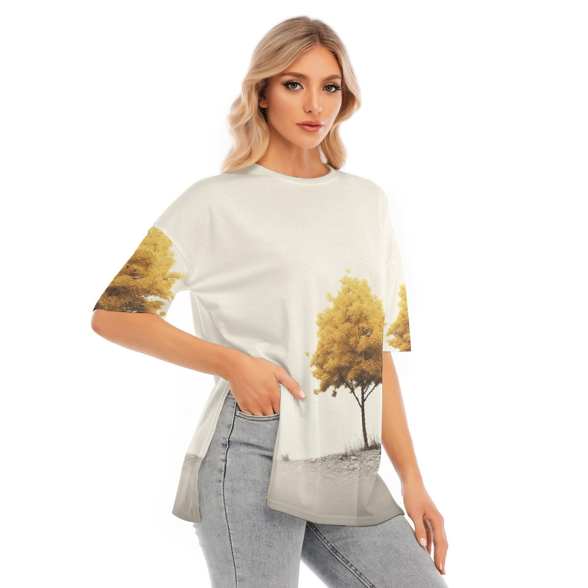 All-Over Print Women's Short Sleeves T-shirt With Hem Split