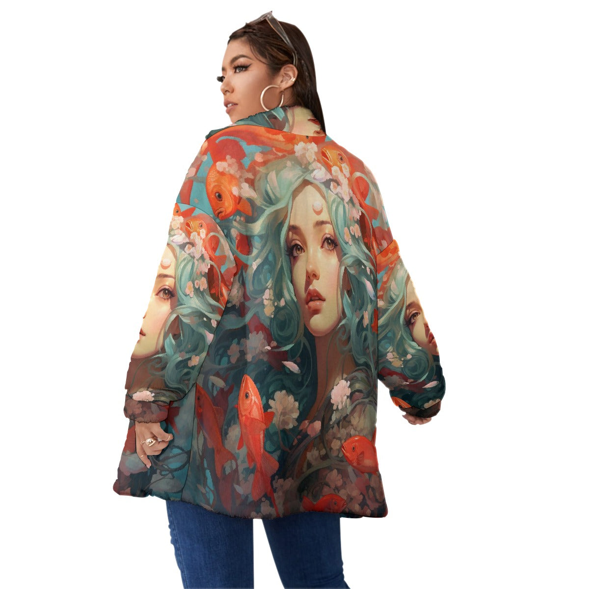 All-Over Print Unisex Borg Fleece Stand-up Collar Coat With Zipper Closure(Plus Size)
