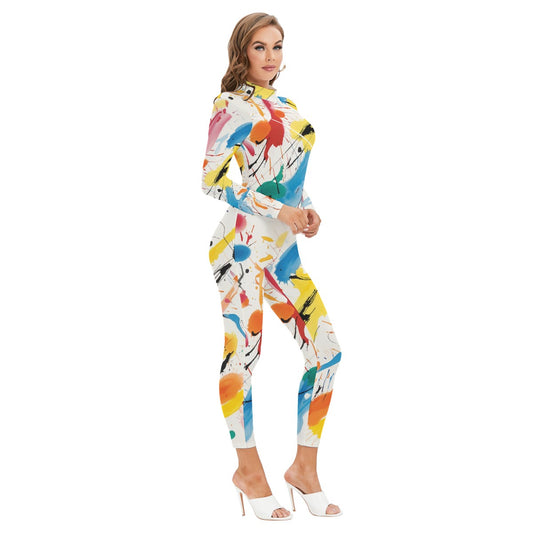 All-Over Print Women's Long-sleeved High-neck Jumpsuit With Zipper