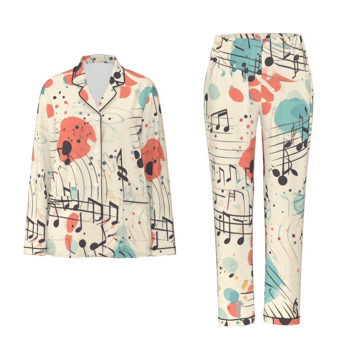 All-Over Print Women's Long Sleeve Pajama Set With Black Contrast Piping