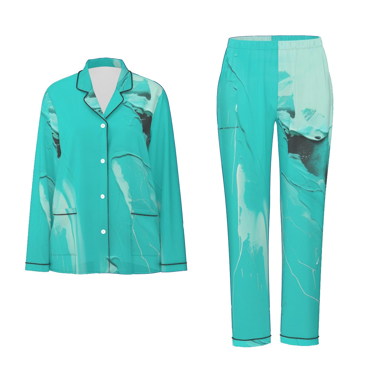 All-Over Print Women's Long Sleeve Pajama Set With Black Contrast Piping