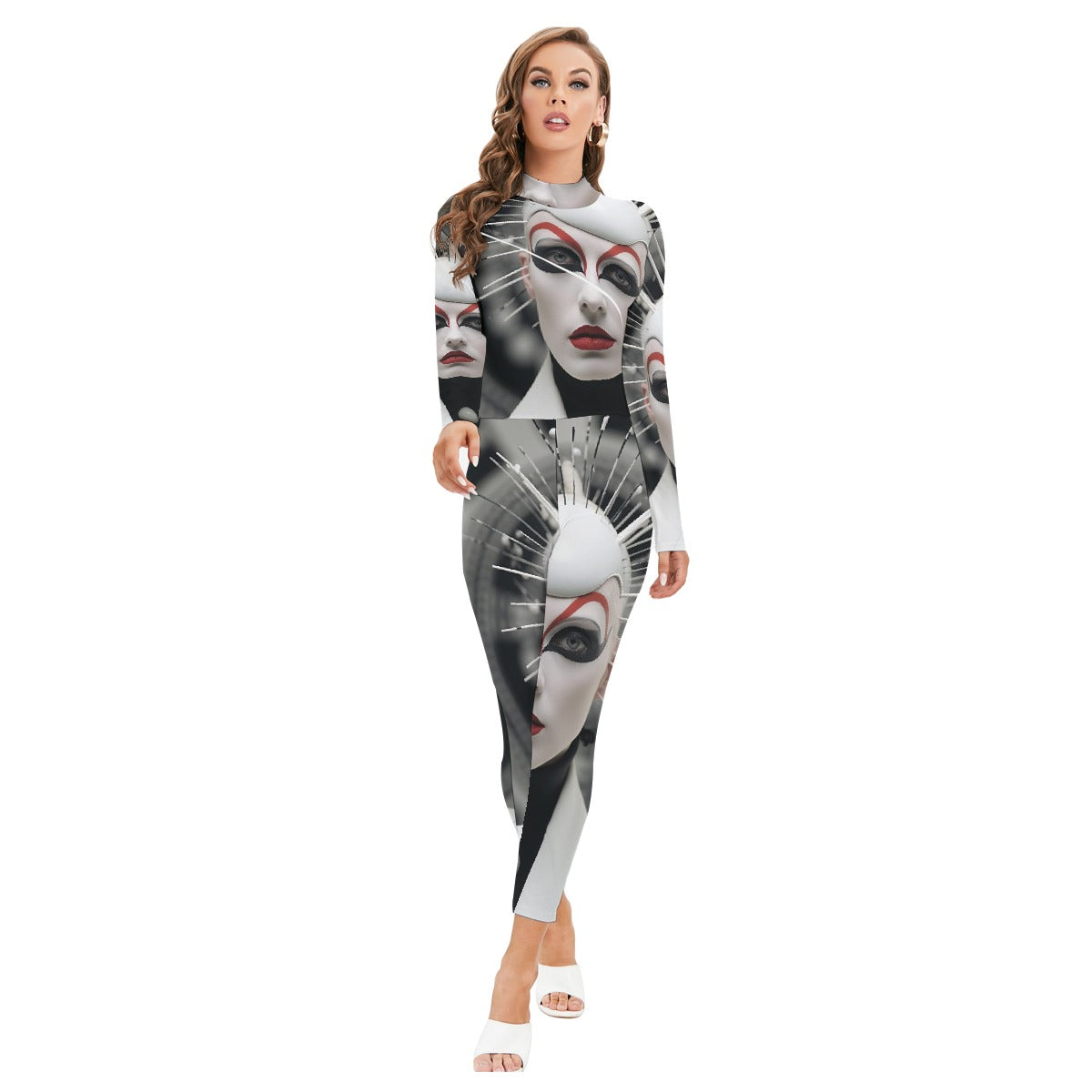 All-Over Print Women's Long-sleeved High-neck Jumpsuit With Zipper