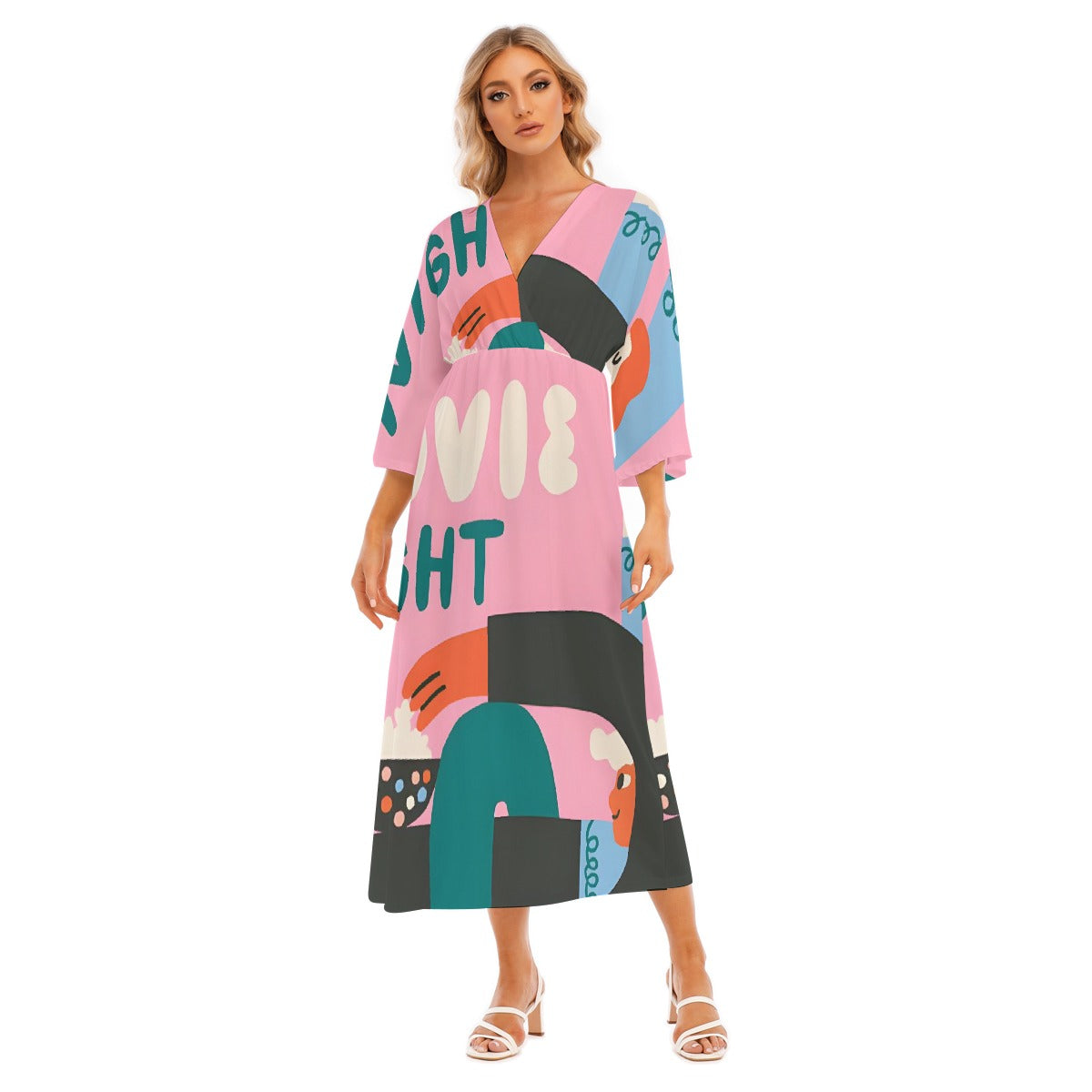 All-Over Print Women's Mid-Sleeve Long Dress