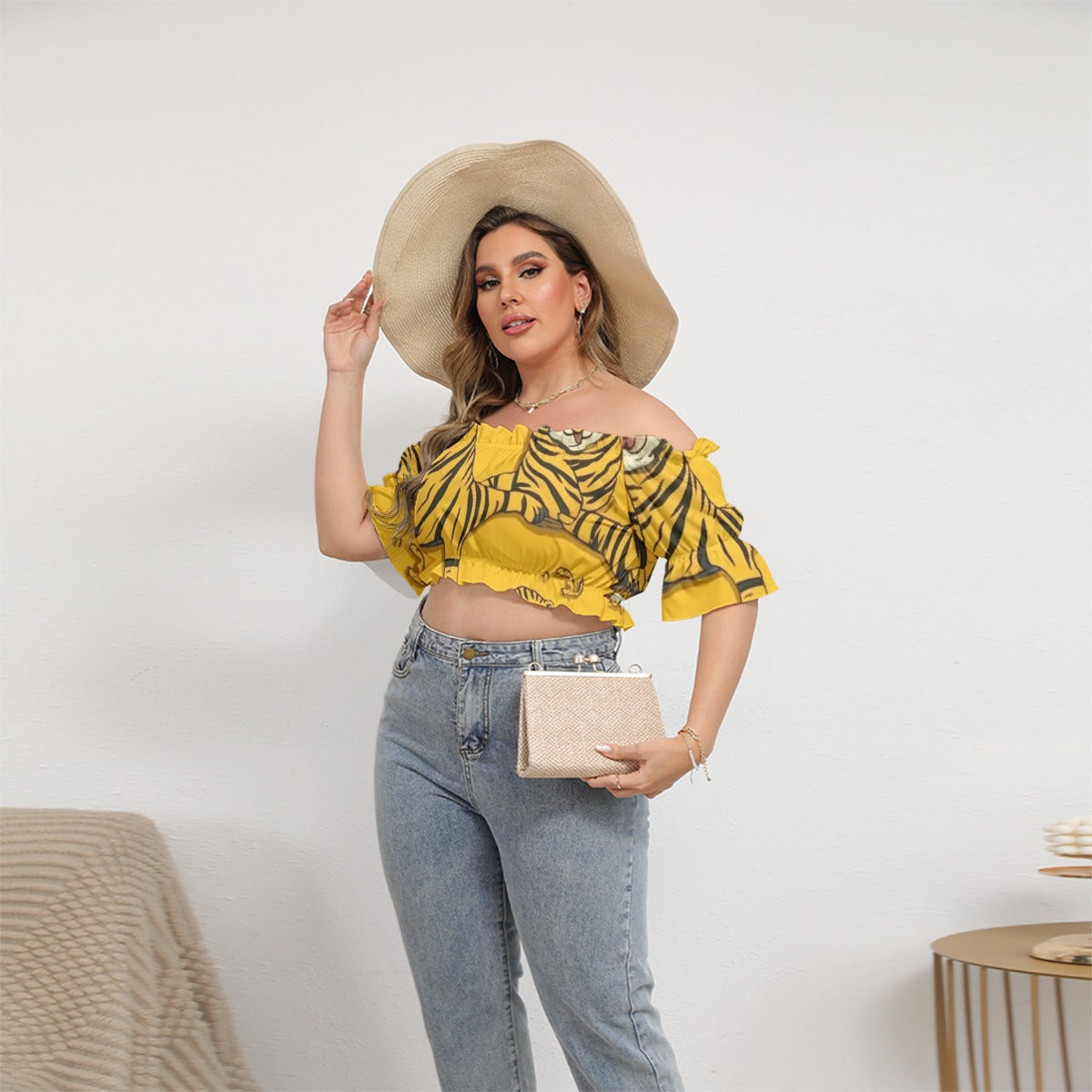 All-Over Print Women's Off-shoulder Cropped Top With Short Puff Sleeve