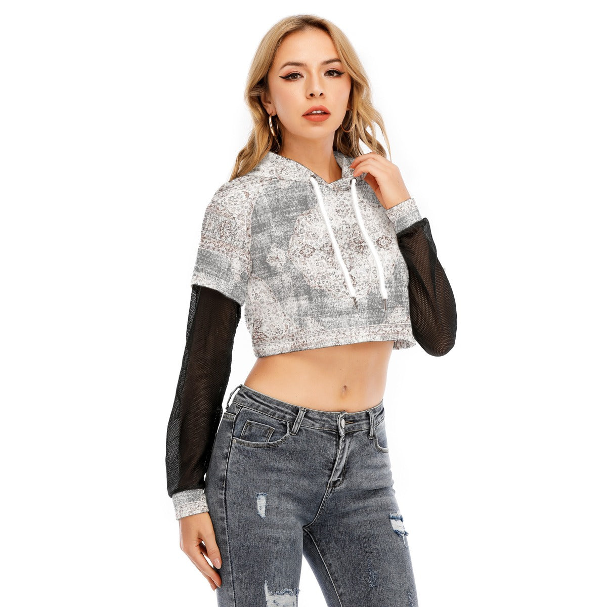 All-Over Print Women's Fake Two-piece Mesh Sleeve Cropped Hoodie