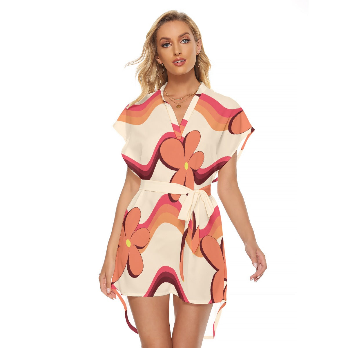 All-Over Print Women's Stand-up Collar Casual Dress With Belt