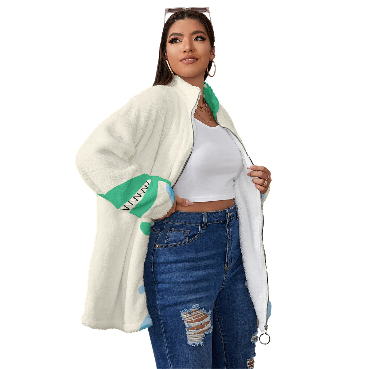 All-Over Print Unisex Borg Fleece Stand-up Collar Coat With Zipper Closure(Plus Size)