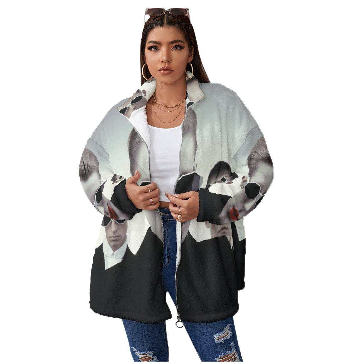 All-Over Print Unisex Borg Fleece Stand-up Collar Coat With Zipper Closure(Plus Size)