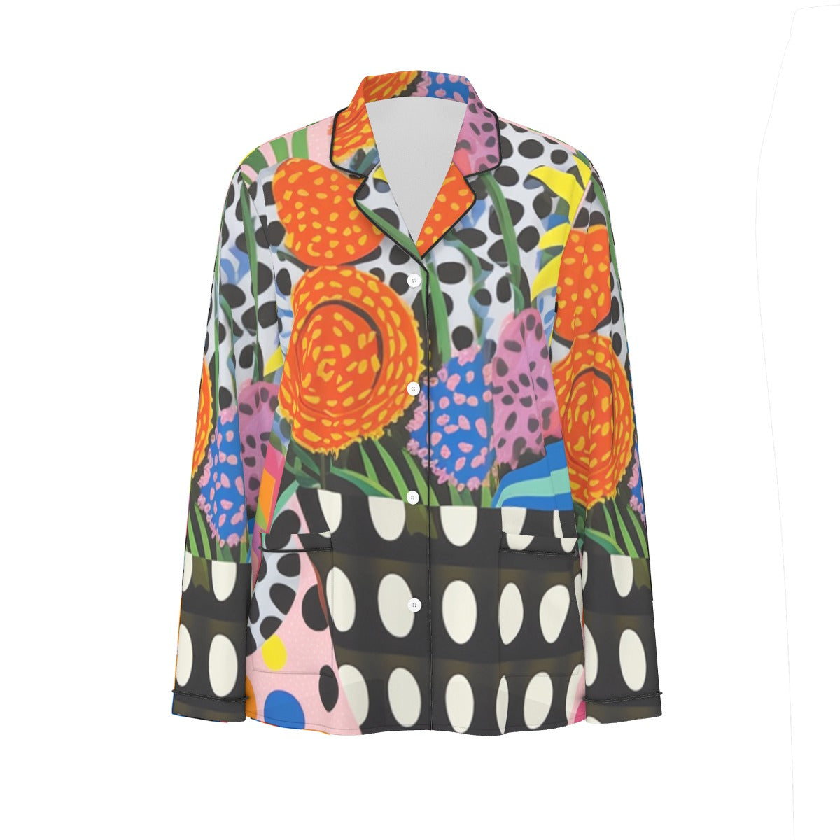 All-Over Print Women's Long Sleeve Pajama Set With Black Contrast Piping