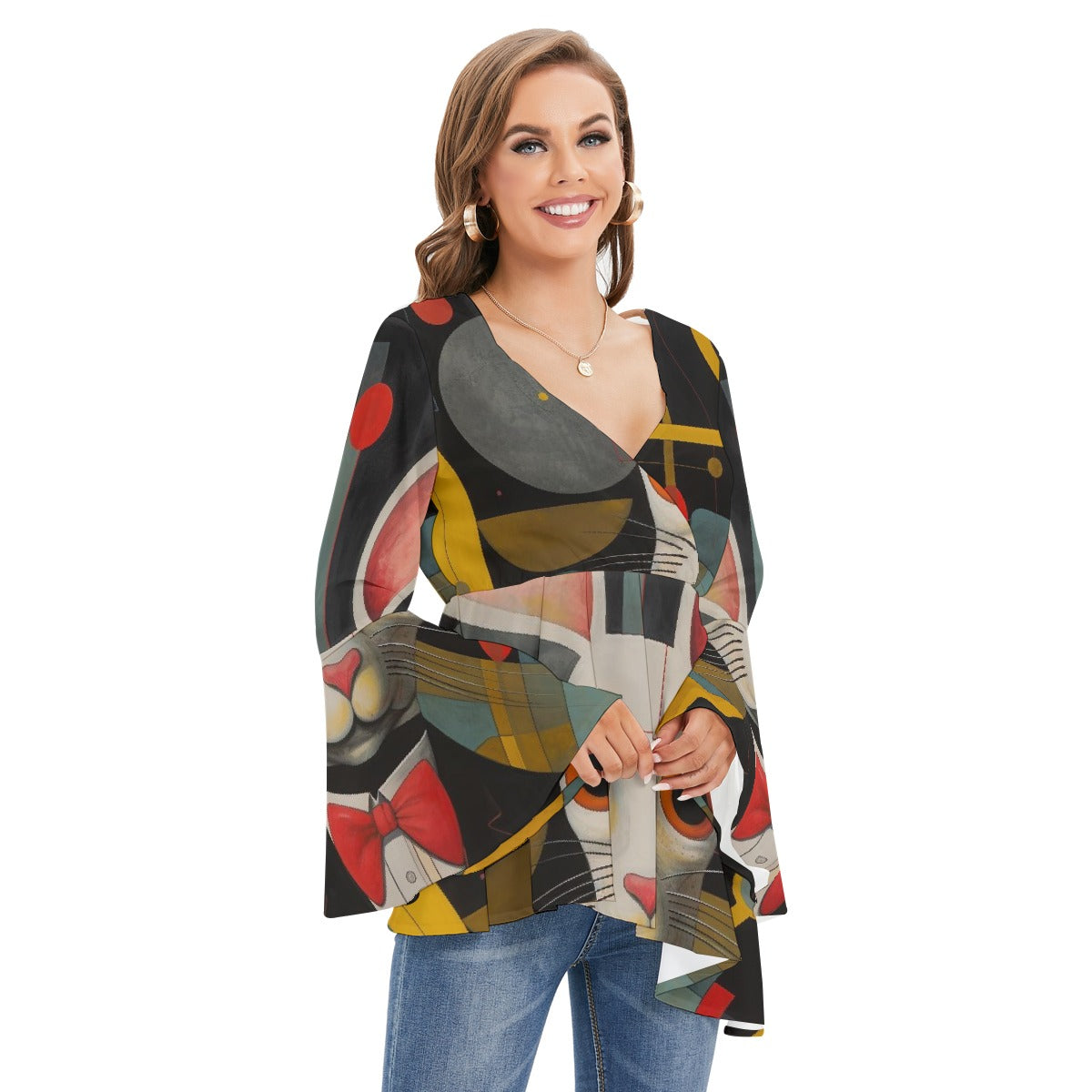 All-Over Print Women's V-neck Blouse With Flared Sleeves