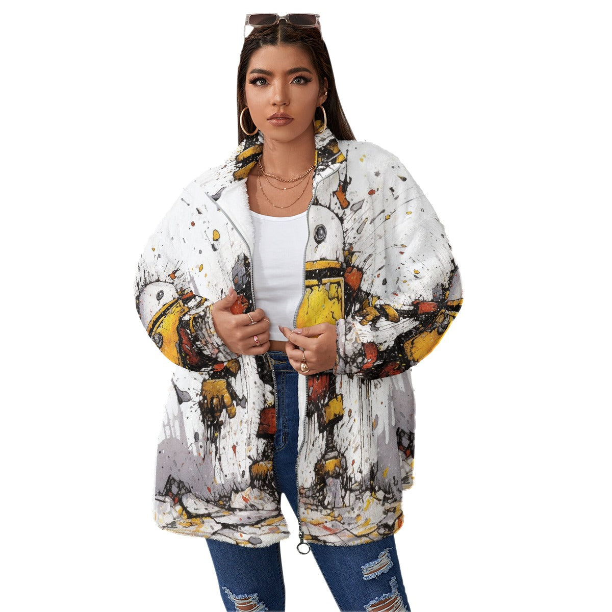 All-Over Print Unisex Borg Fleece Stand-up Collar Coat With Zipper Closure(Plus Size)