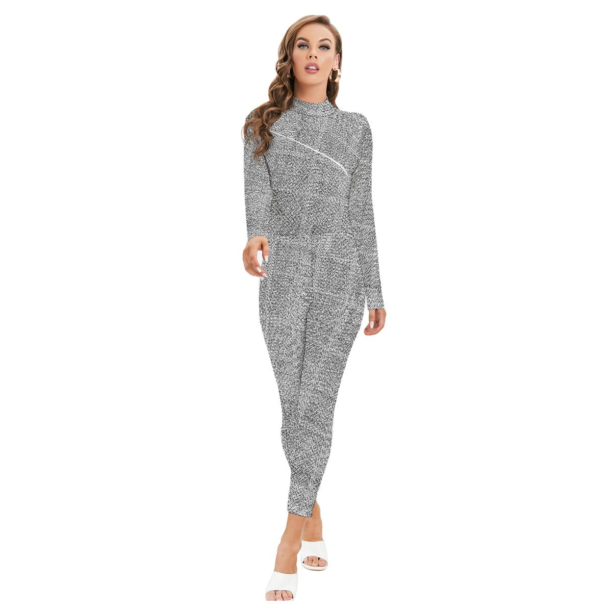 All-Over Print Women's Long-sleeved High-neck Jumpsuit With Zipper
