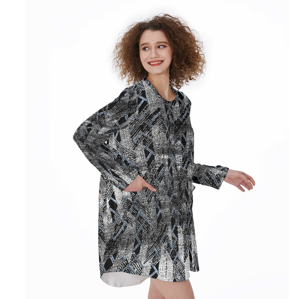 All-Over Print Women's Casual Loose Long Sleeve Dress With Pocket