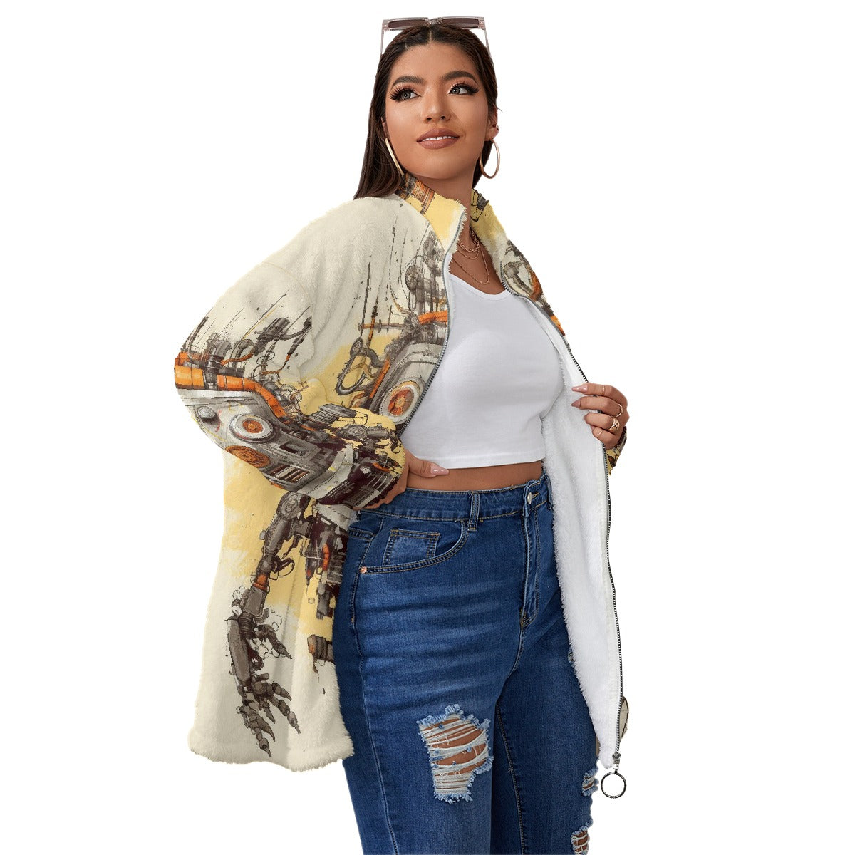 All-Over Print Unisex Borg Fleece Stand-up Collar Coat With Zipper Closure(Plus Size)