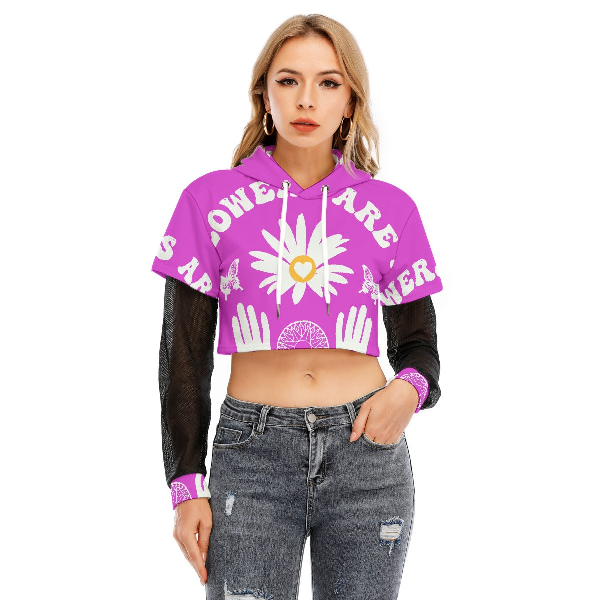 All-Over Print Women's Fake Two-piece Mesh Sleeve Cropped Hoodie