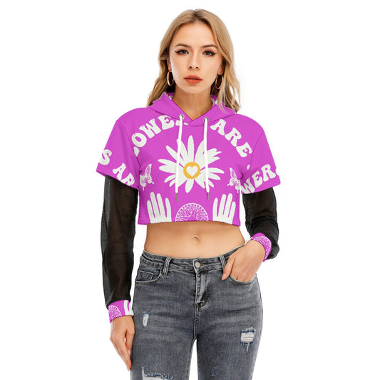 All-Over Print Women's Fake Two-piece Mesh Sleeve Cropped Hoodie