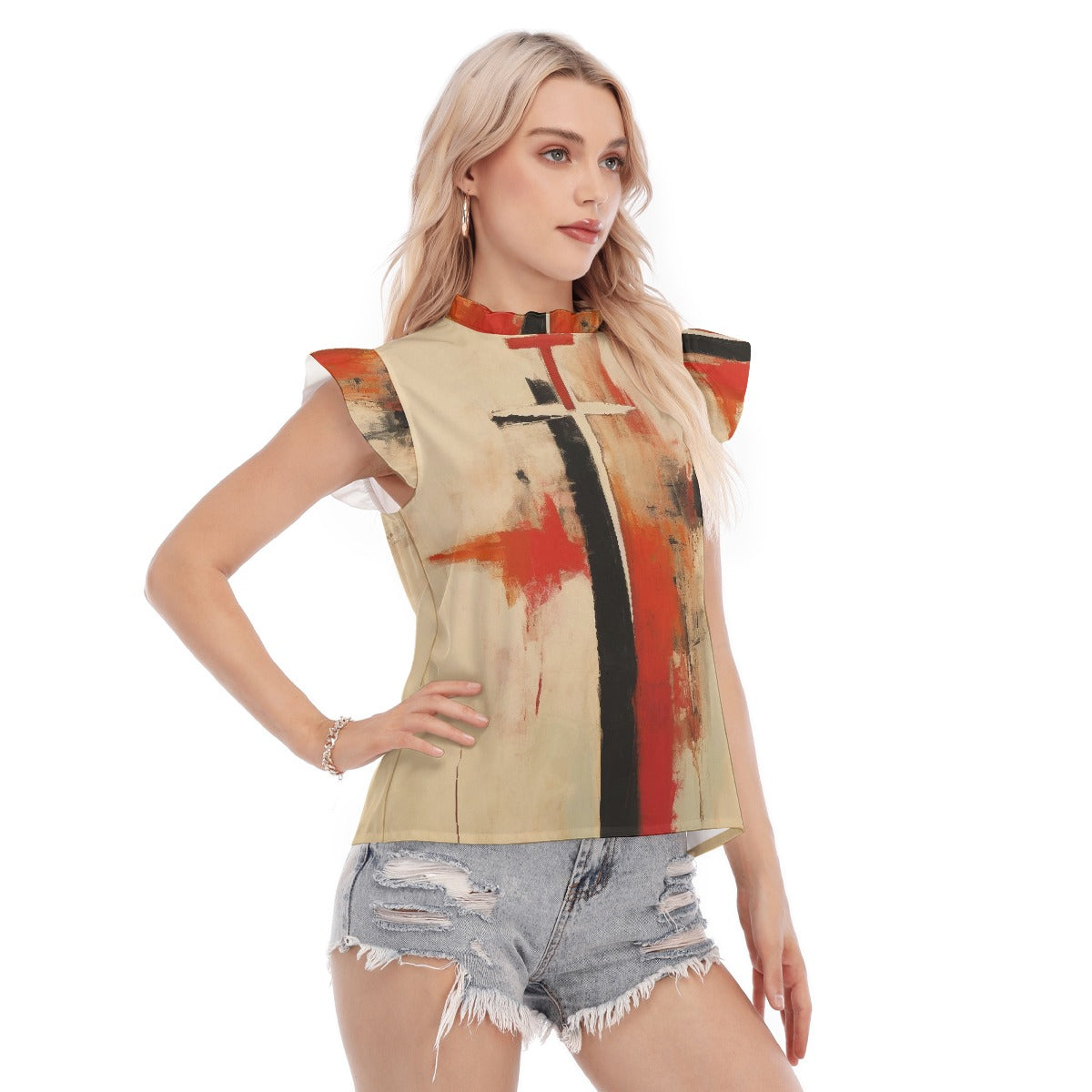 All-Over Print Women's Blouse With Ruffle Collar And Sleeve