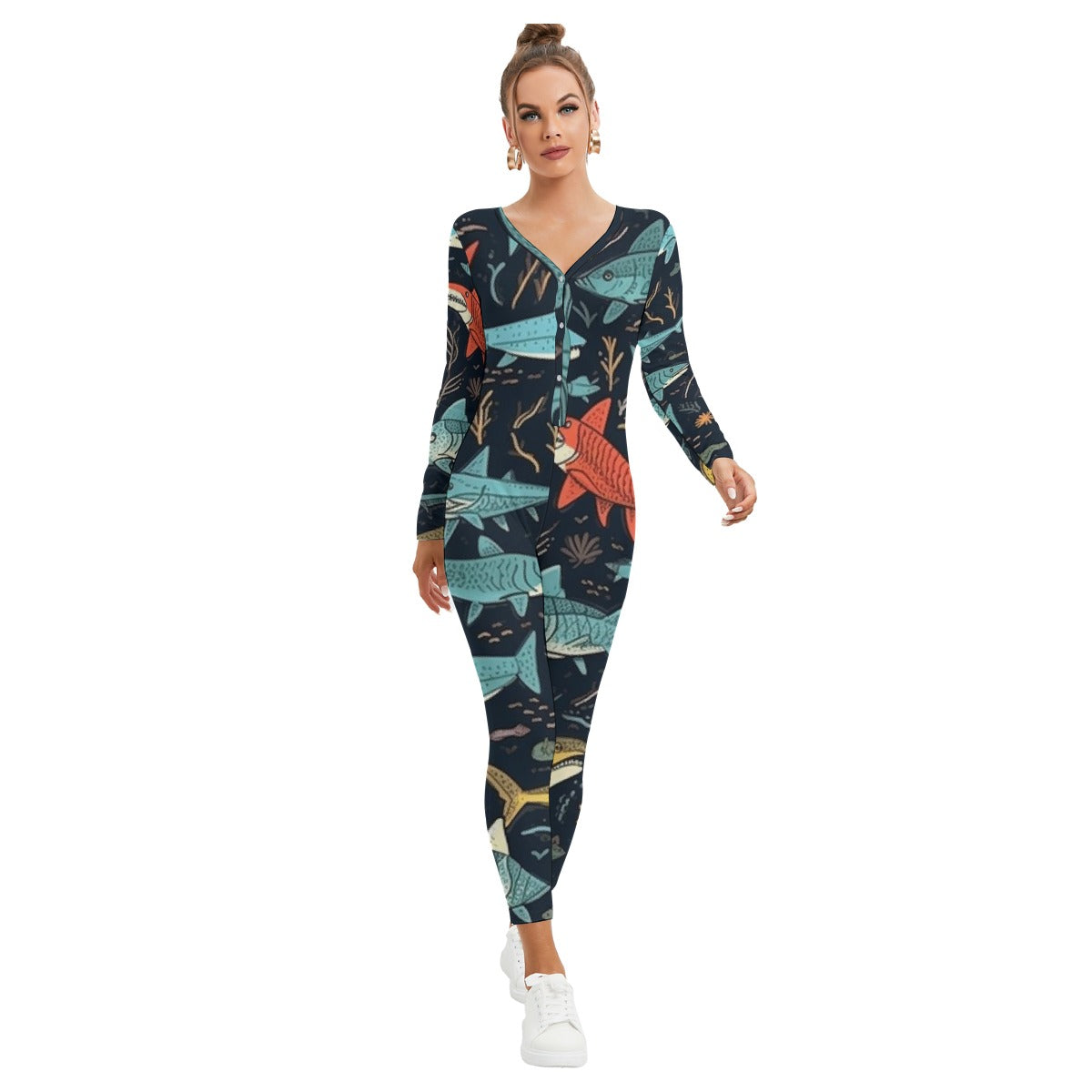 All-Over Print Women's Plunging Neck Jumpsuit